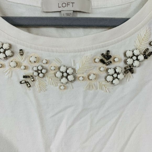 Loft Cream Beaded Collar Pullover Sweater Top - Picture 2 of 6